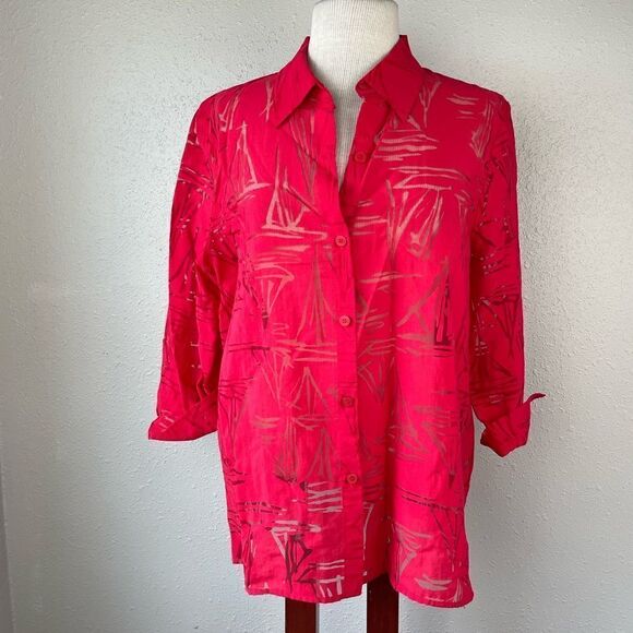 Alfred Dunner Red Sheer Button Down Shirt Size 14 EUC - Picture 1 of 7